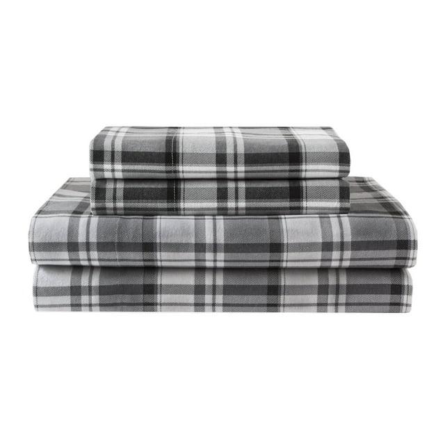 Winter Nights Cotton Flannel Bed Sheet Set, Full, Gray Plaid