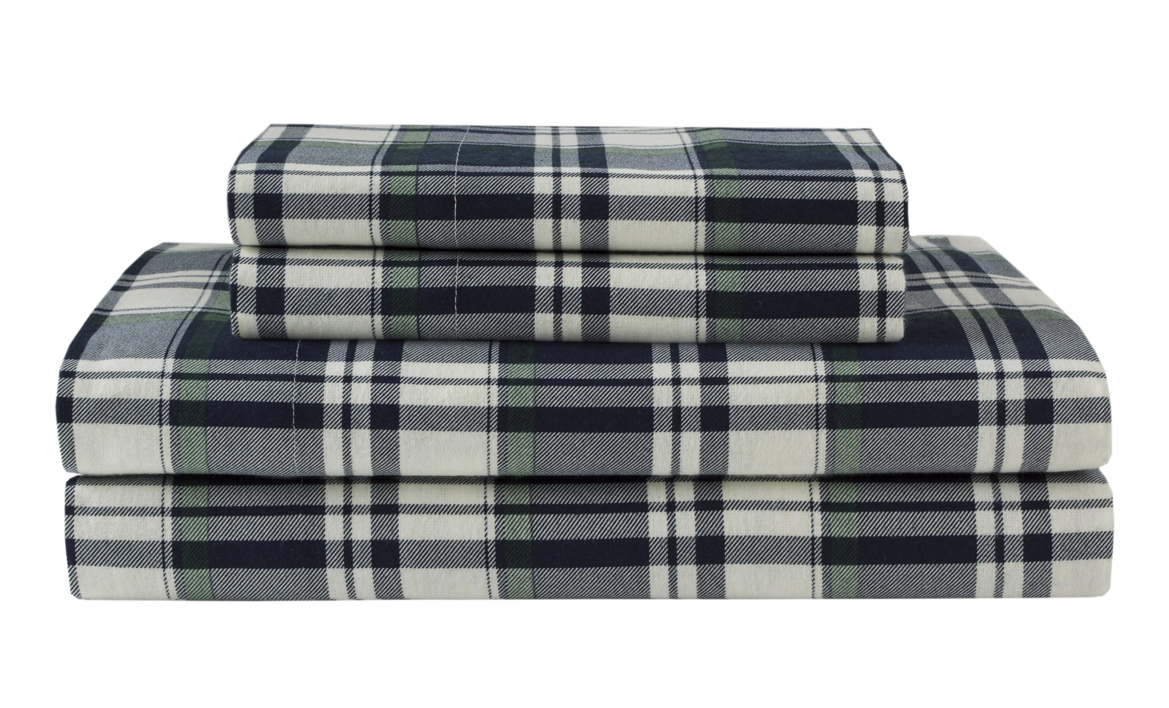 Winter Nights Cotton Flannel Sheet Set, Queen, Navy Plaid