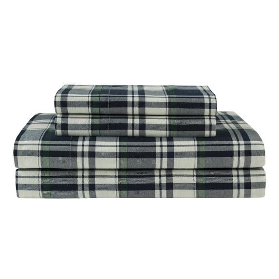 Winter Nights Cotton Flannel Sheet Set, Queen, Navy Plaid