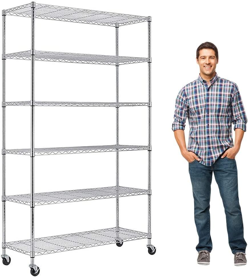 6 Tier Storage Shelves 18" Dx48 Wx82 H Wire Shelving Unit Metal Shelves Heavy Duty Layer Rack Storage Rack Adjustable Utility 2100 LBS Capacity for Laundry Kitchen Garage Pantry Black