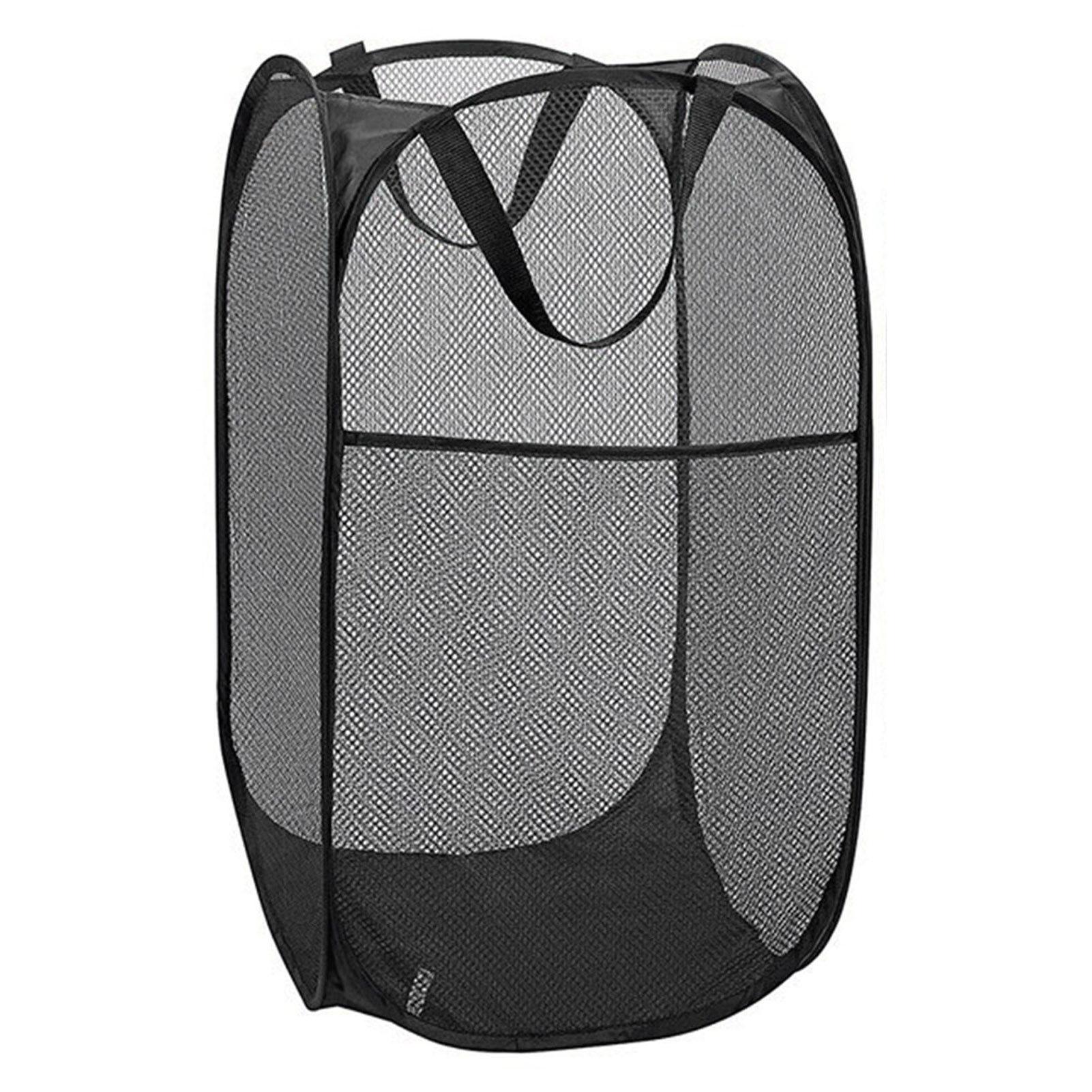 Collapsible Mesh Pop Up Laundry Baskets with Wide Opening and Side Pocket – Laundry Hamper, Breathable, Sturdy, Foldable, and Space-Saving Design for Clothes and Storage (Black)