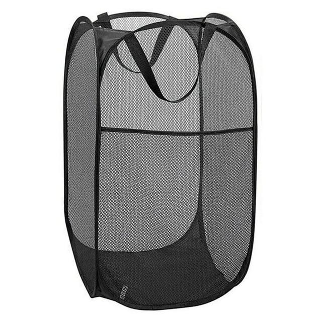 Collapsible Mesh Pop Up Laundry Baskets with Wide Opening and Side Pocket – Laundry Hamper, Breathable, Sturdy, Foldable, and Space-Saving Design for Clothes and Storage (Black)