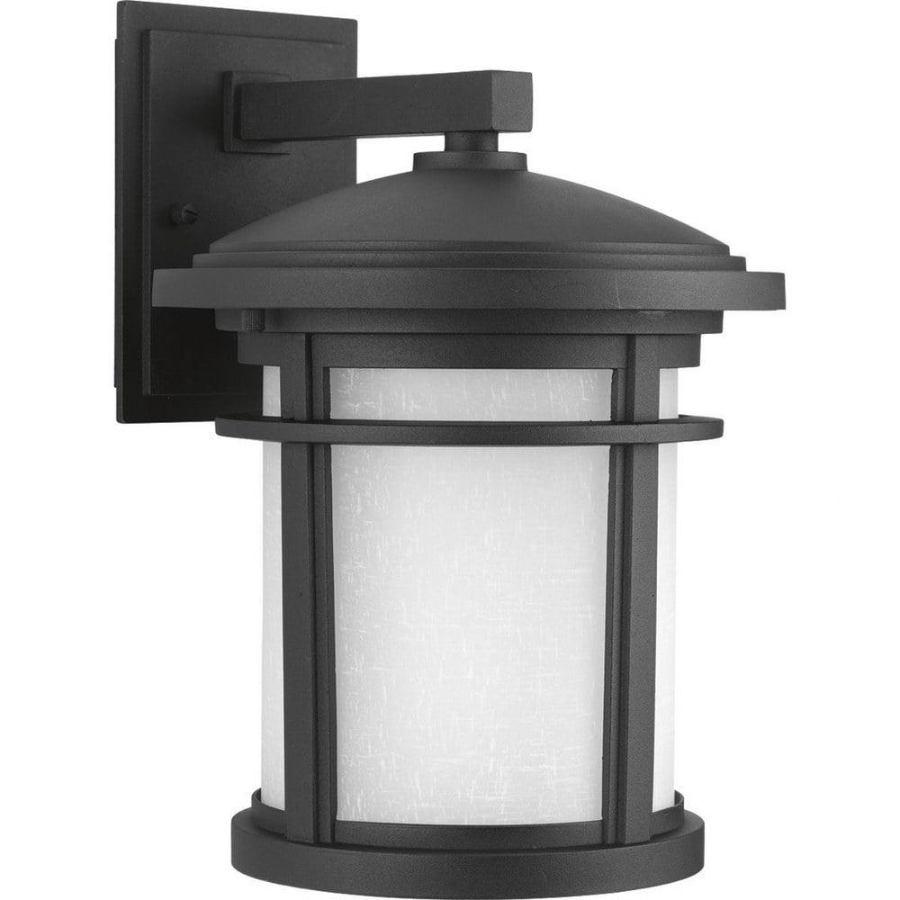 Progress Lighting Wish Collection 1-Light Outdoor Wall Lantern in Black Porcelain with Etched Umber Linen Glass Shade