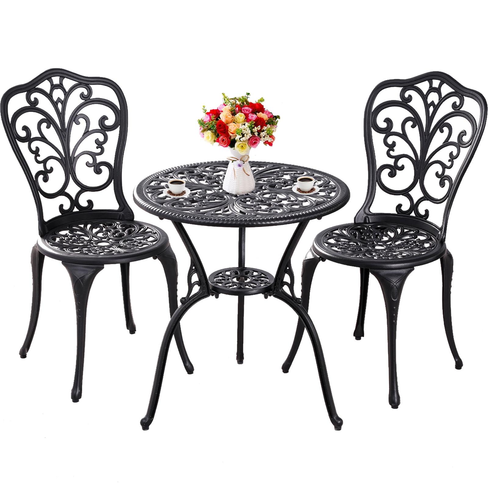 Black Cast Aluminum 3-Piece Outdoor Bistro Set with Floral Design