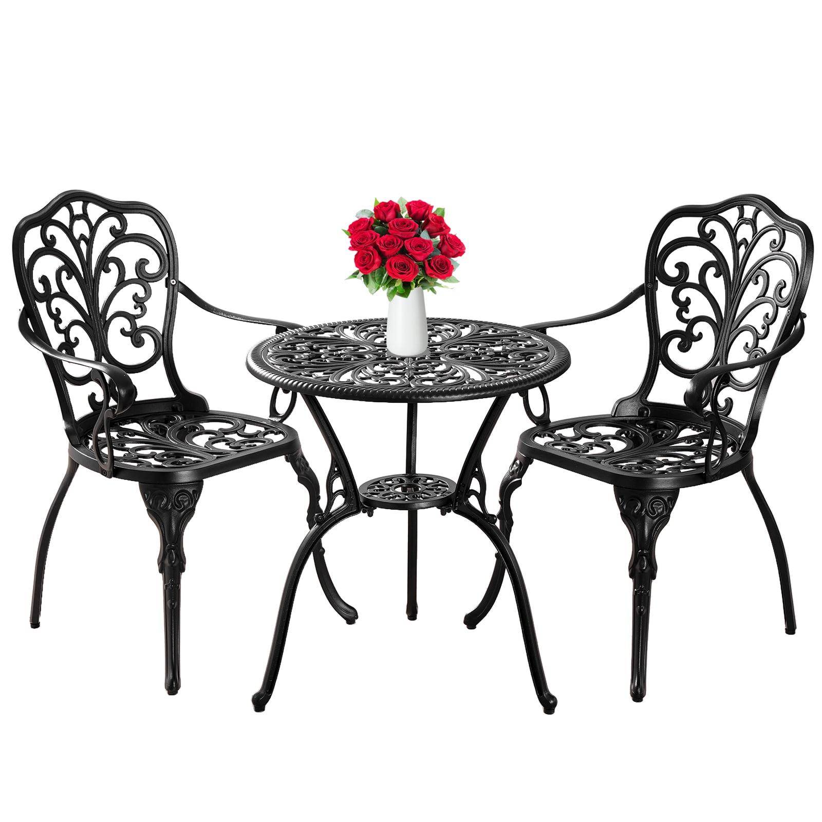 Black Cast Aluminum 3-Piece Outdoor Bistro Set with Floral Design