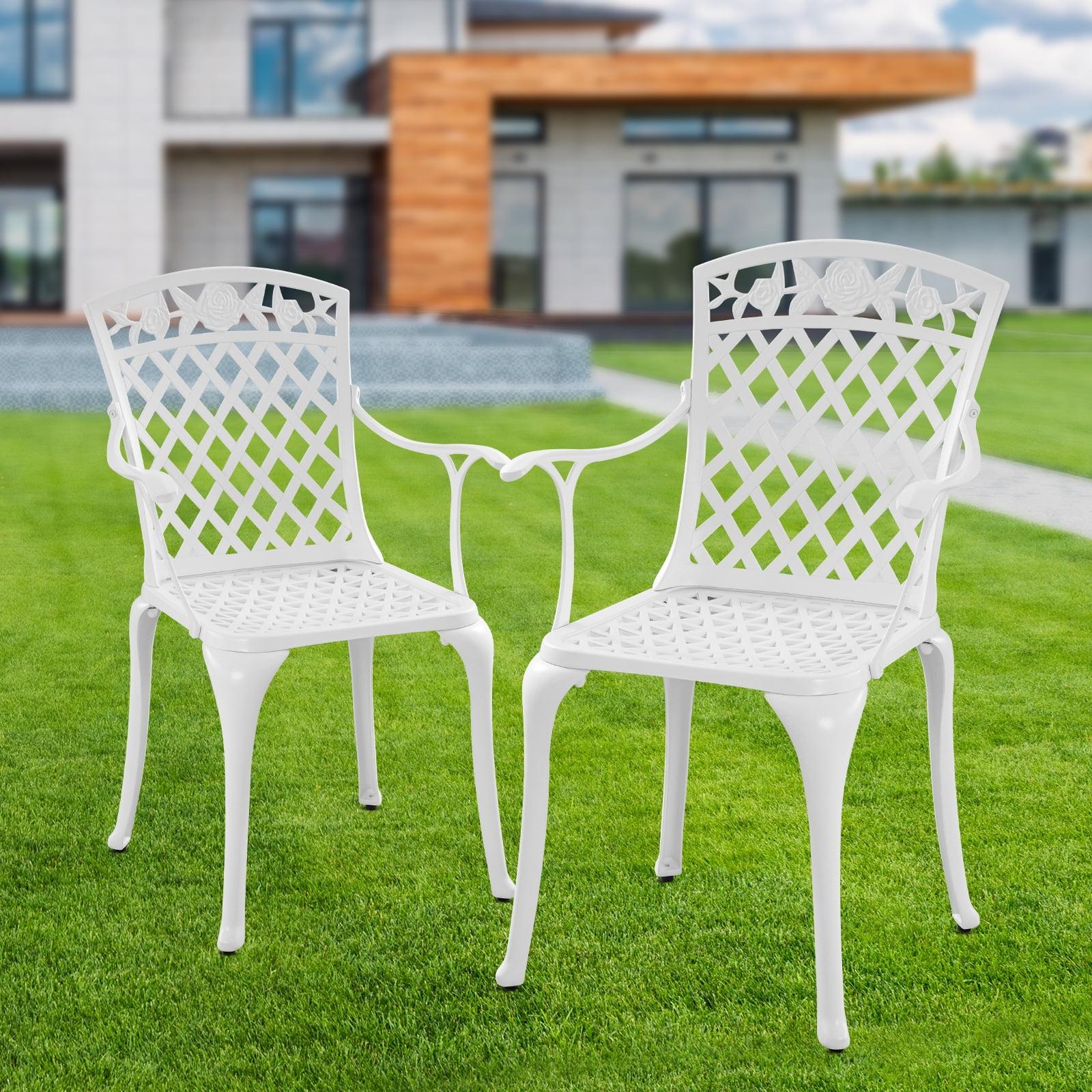 One Allium Way® 2 Piece Patio Dining Chairs, Outdoor All-Weather Cast Aluminum Chairs, Patio Bistro Dining Chair Set Of 2 For Garden Deck Backyard, Lattice Weave Design, White