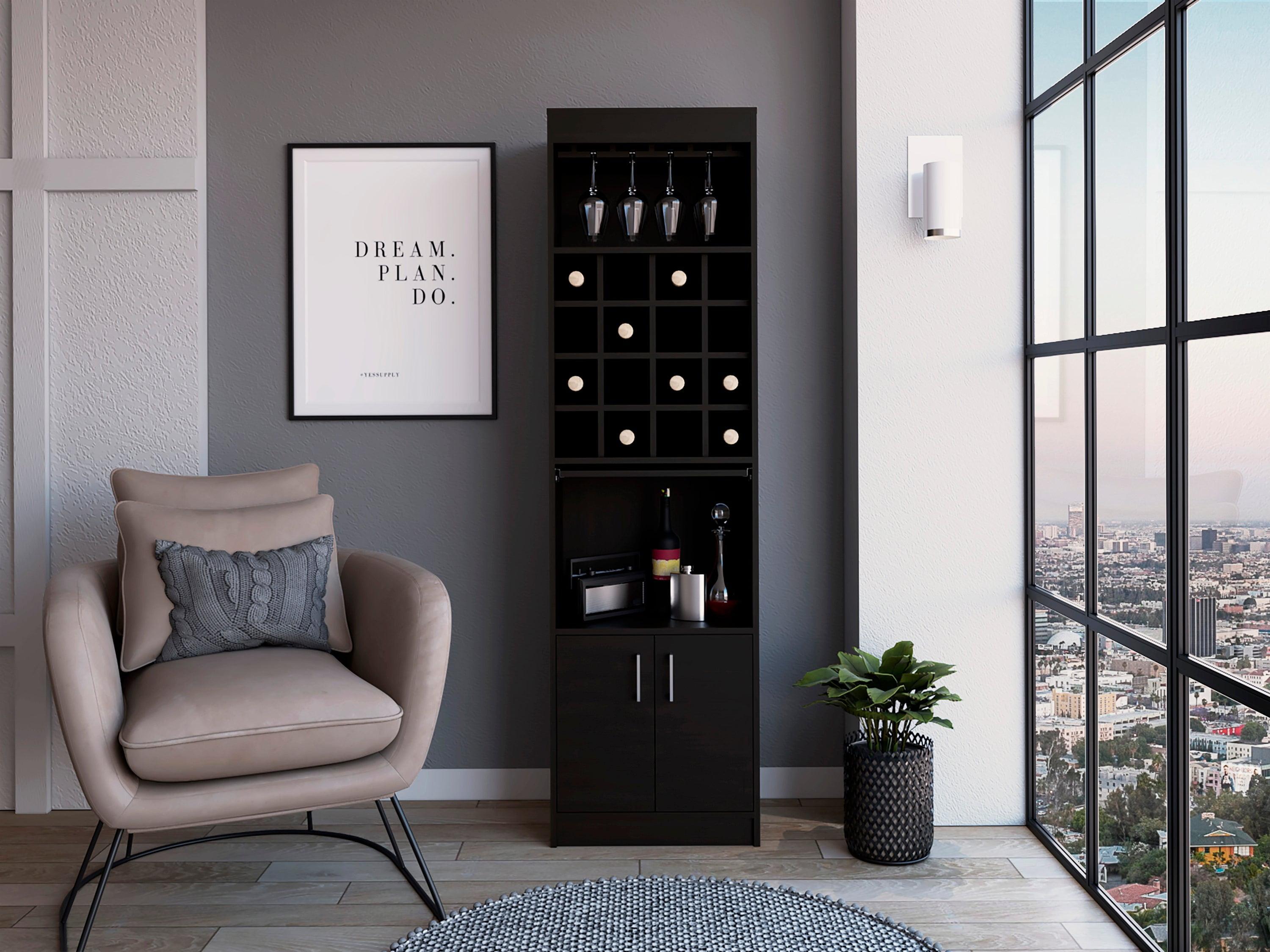 Sheffield Tall Black Wenge Metal Bar Cabinet with Wine Storage