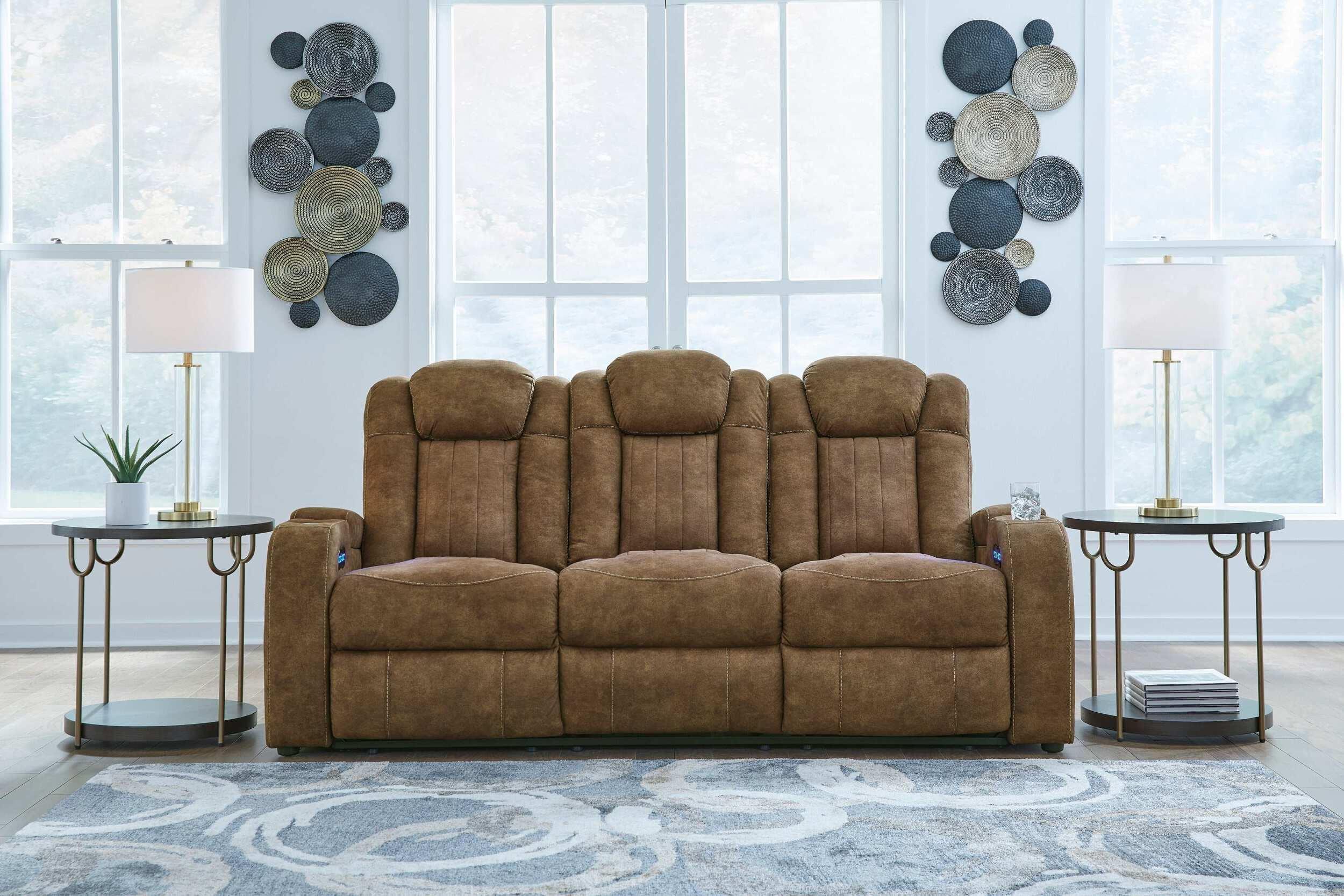 Brown Faux Leather Power Reclining Sofa with Storage