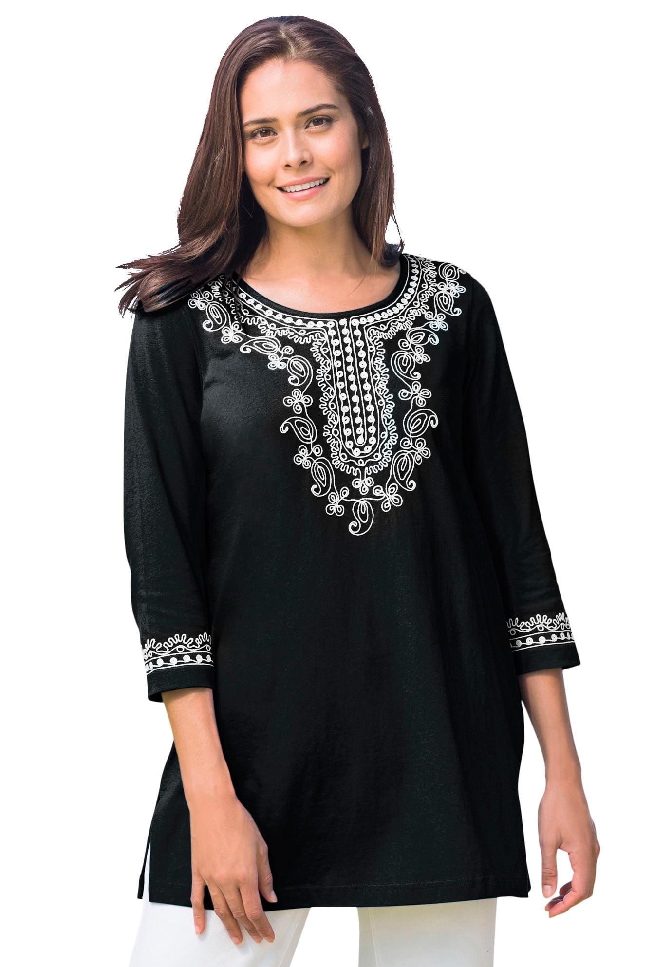 Woman Within Women's Plus Size Embroidered Knit Tunic - 18/20, Black