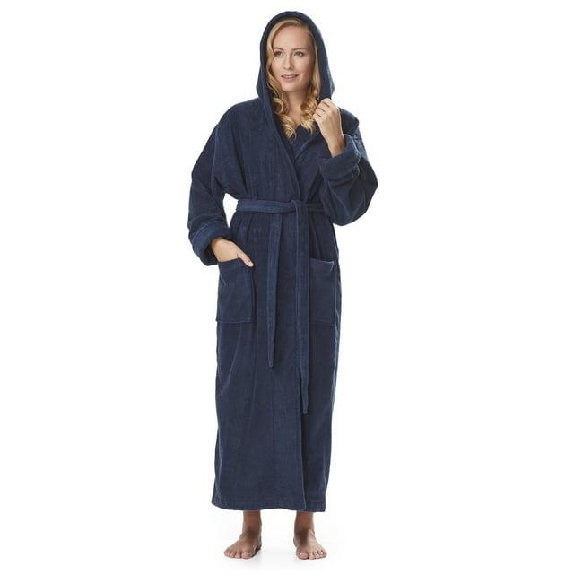 Women's Cotton Hooded Full Length Turkish Bathrobe Dark Blue X-Large
