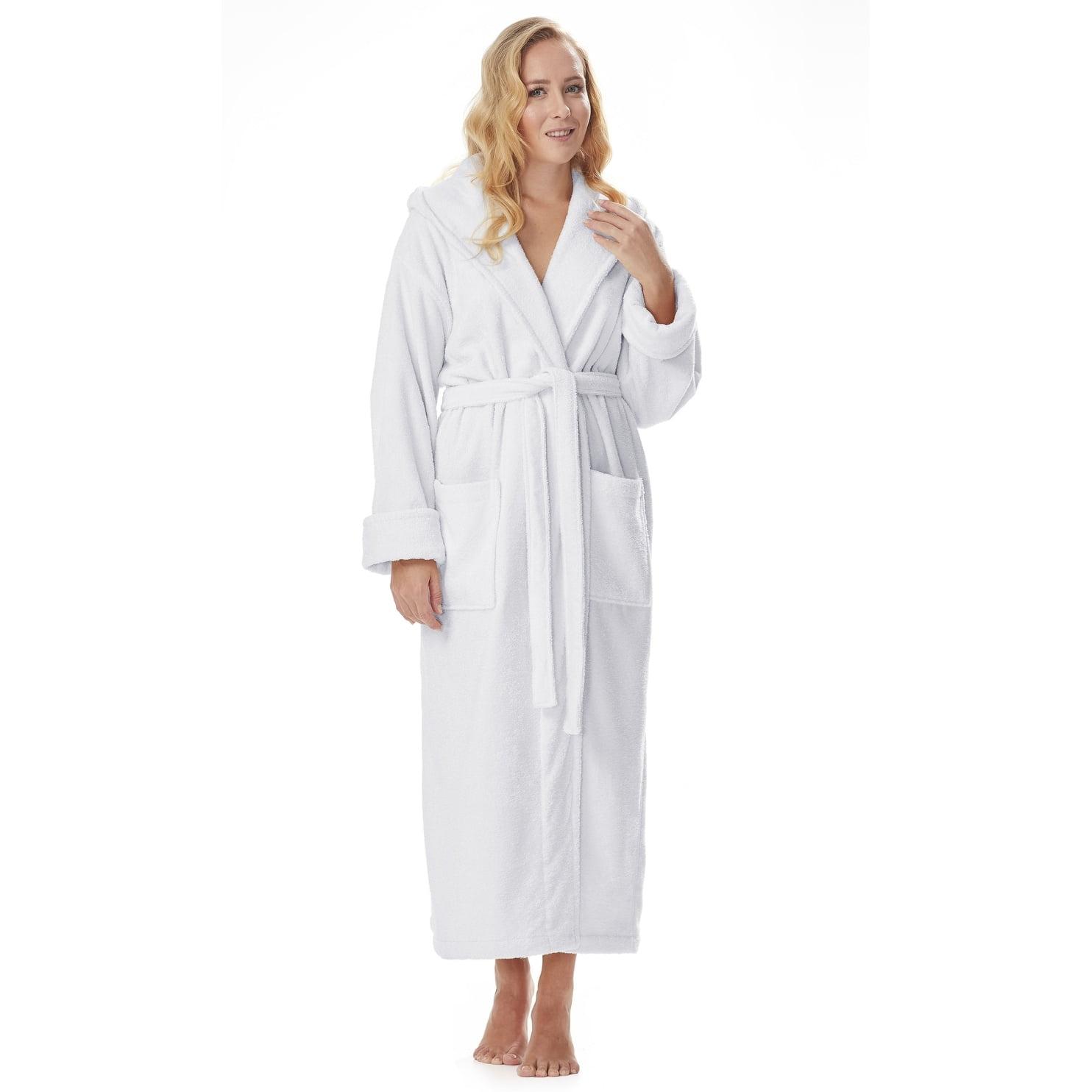 Women's Cotton Hooded Full Length Turkish Bathrobe White X-Large