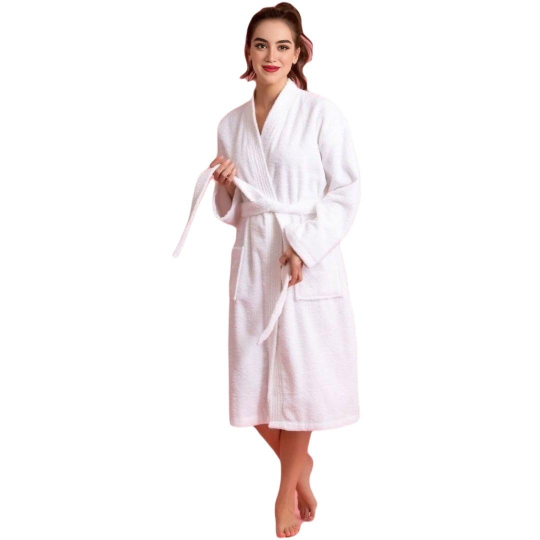 White Cotton Terry Cloth Mid-Calf Bathrobe with Pockets