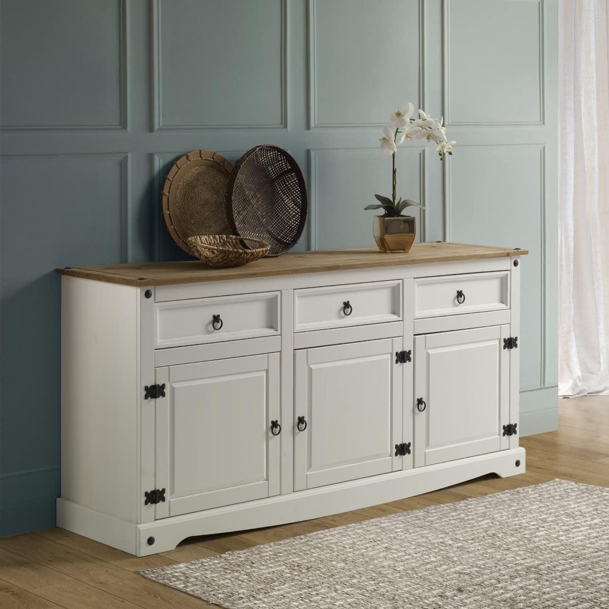 White Wash Solid Pine Wood Sideboard Buffet with Antique Brown Top