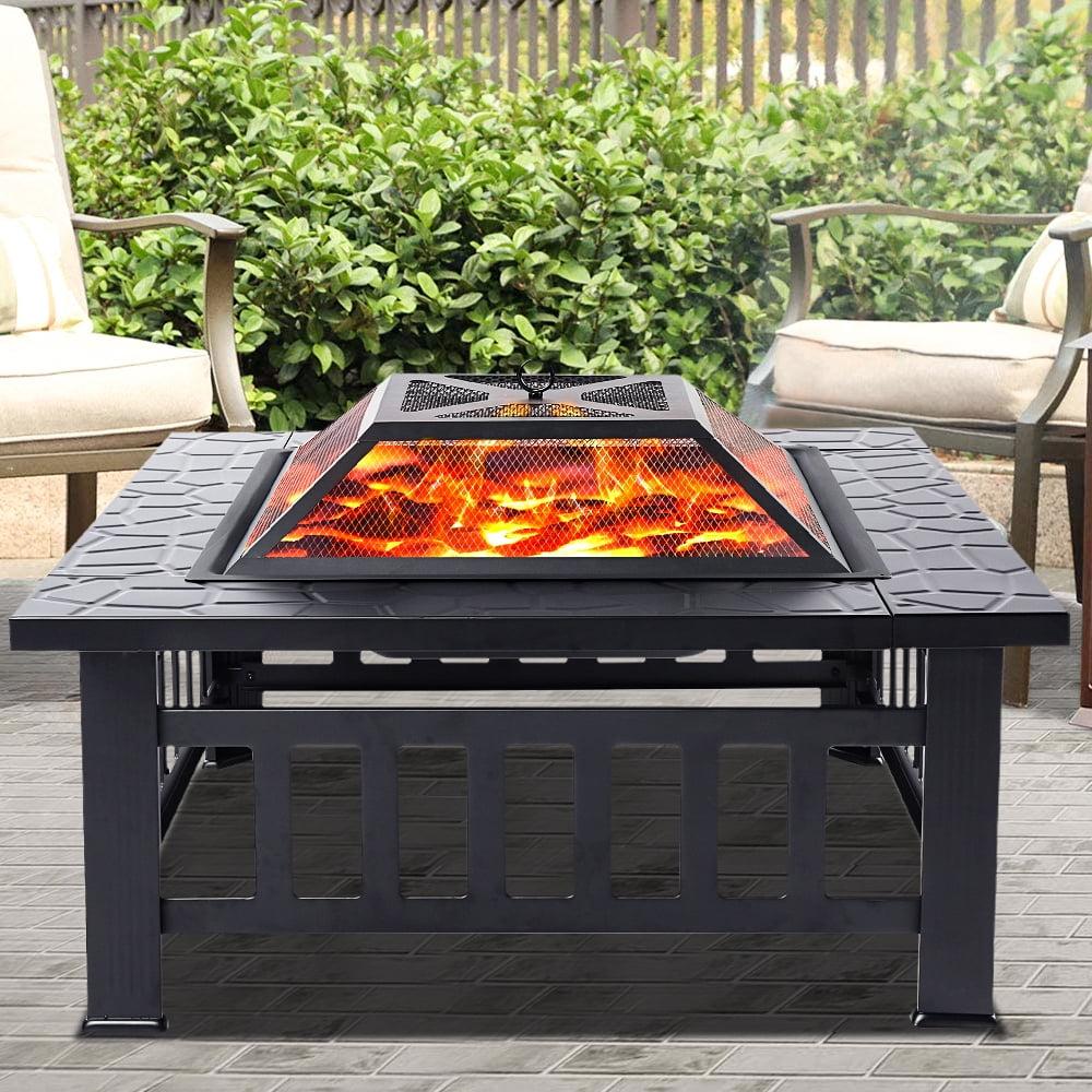 Outdoor Fire Pit for Wood 32" Metal Firepit for Patio Wood Burning Fireplace Square Garden Stove with Charcoal Rack, Poker & Mesh Cover for Camping Picnic Bonfire Backyard