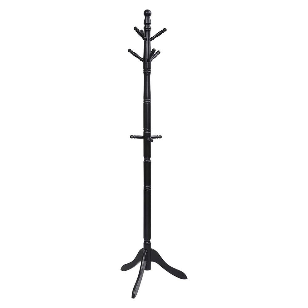 Wood Coat Rack Freestanding, Entryway Height Adjustable Coat Stand with 9 Hooks & Stable Tri-Legged Base, Rubber Wood Coat Tree Hall Tree Coat Hanger Stand for Home Office Hall Entryway, Black