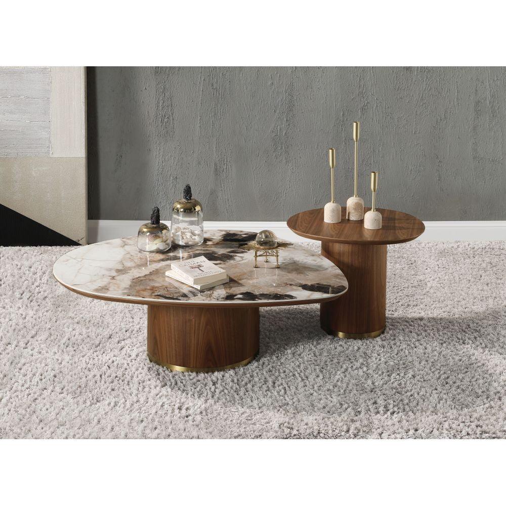 Willene 43" Oval Ceramic Top Coffee Table with Walnut Base