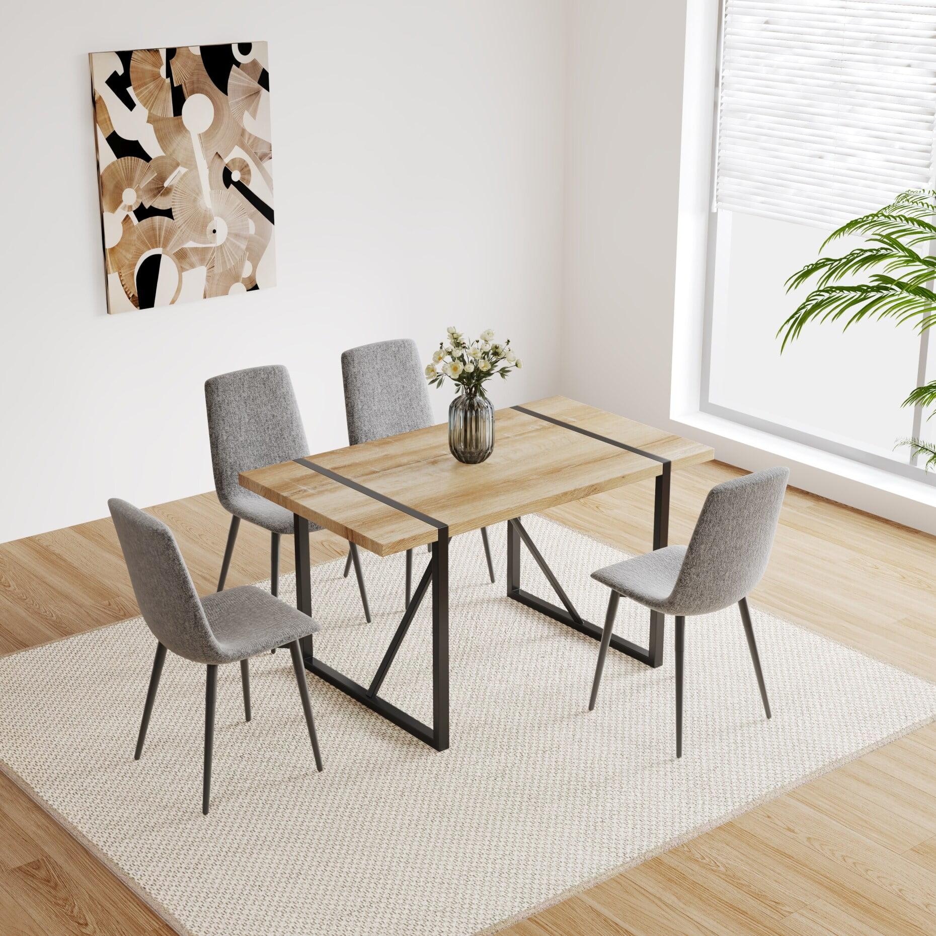 Natural Wood and Gray Metal Dining Table Set with Linen Chairs