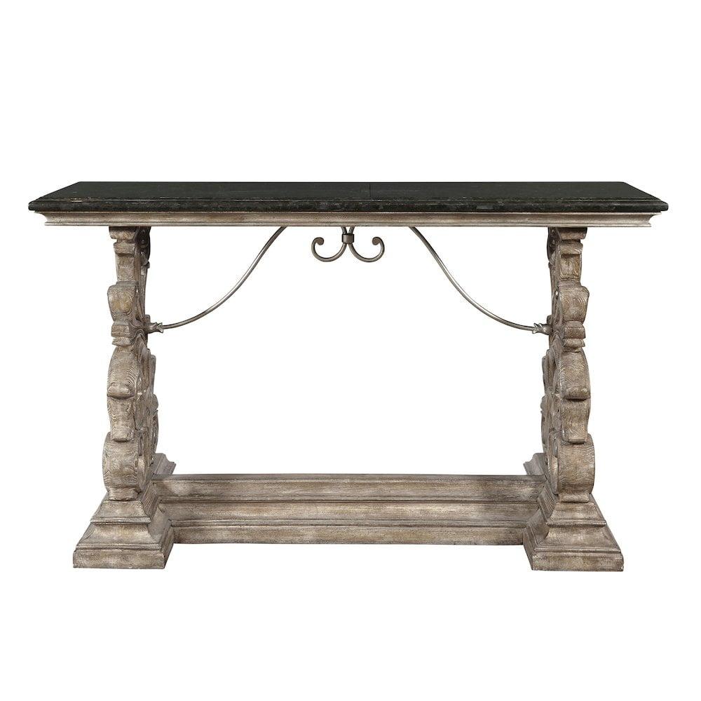 Traditional Black Marble Top Wood Console Table with Ornate Metal Base