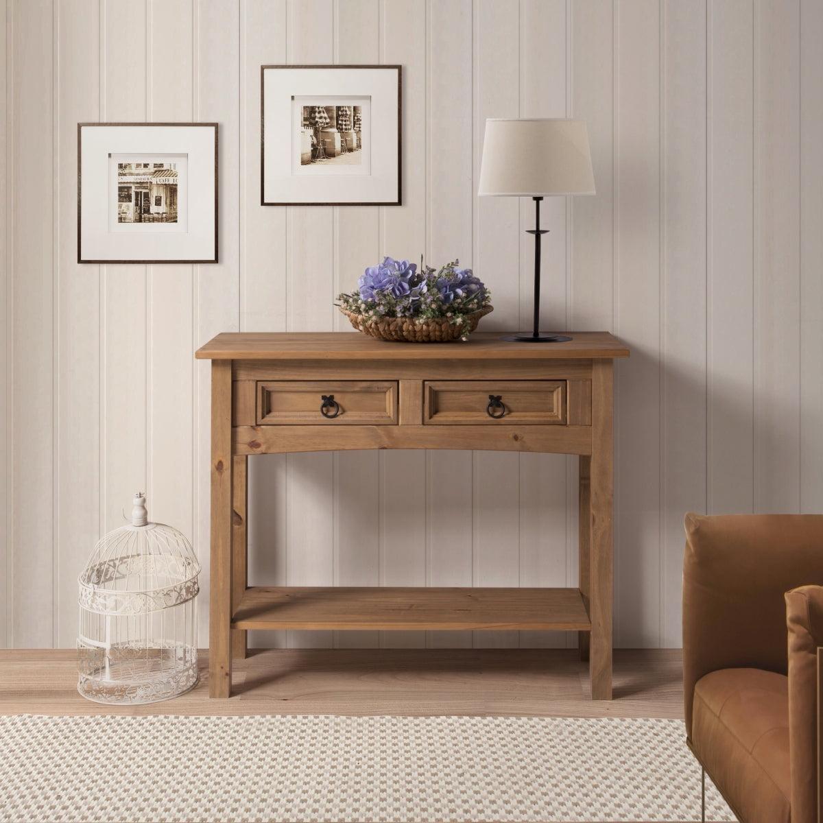 Antique Brown Solid Wood Console Table with Metal Handles and Storage