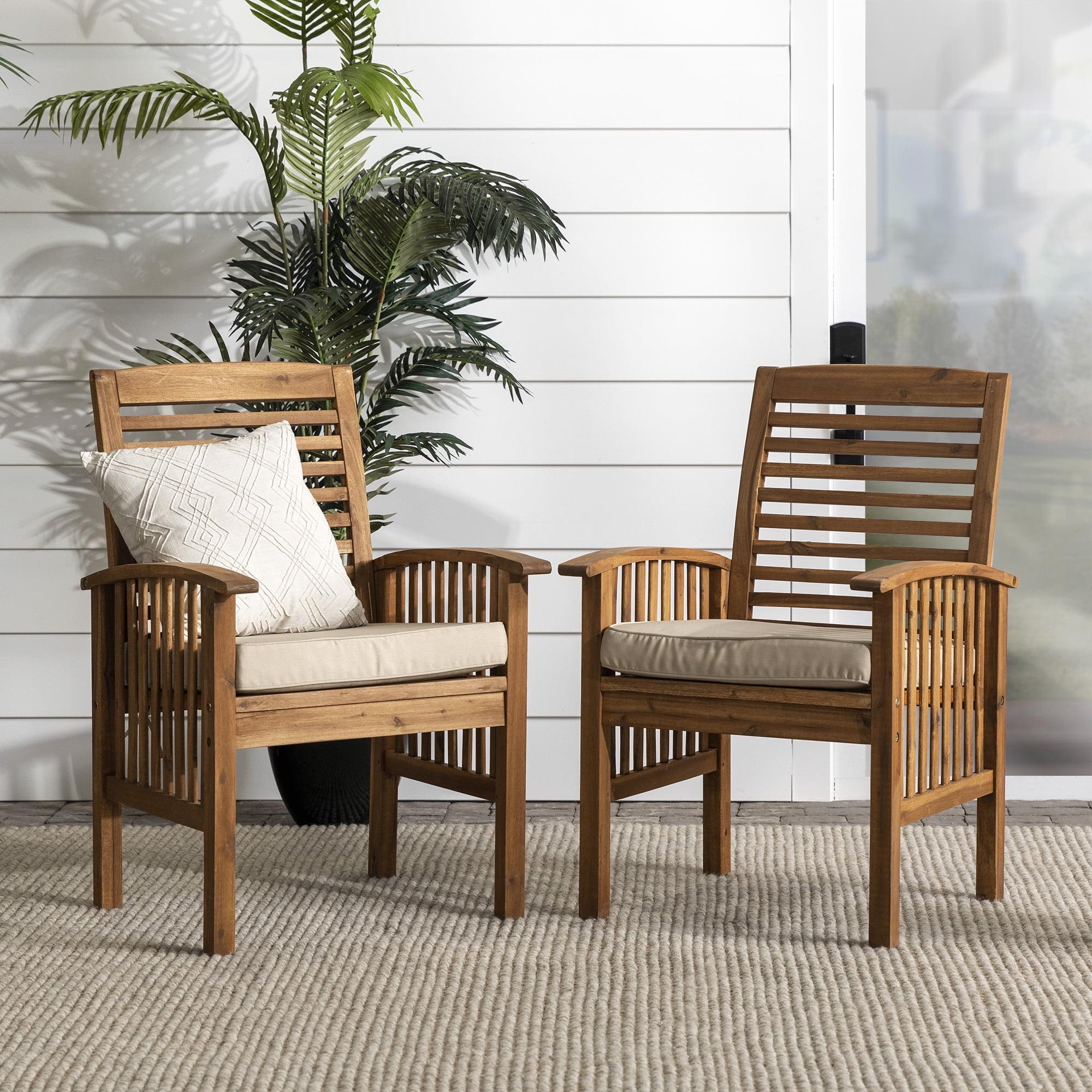 Brown Acacia Wood Dining Armchairs with Beige Cushions - Set of 2