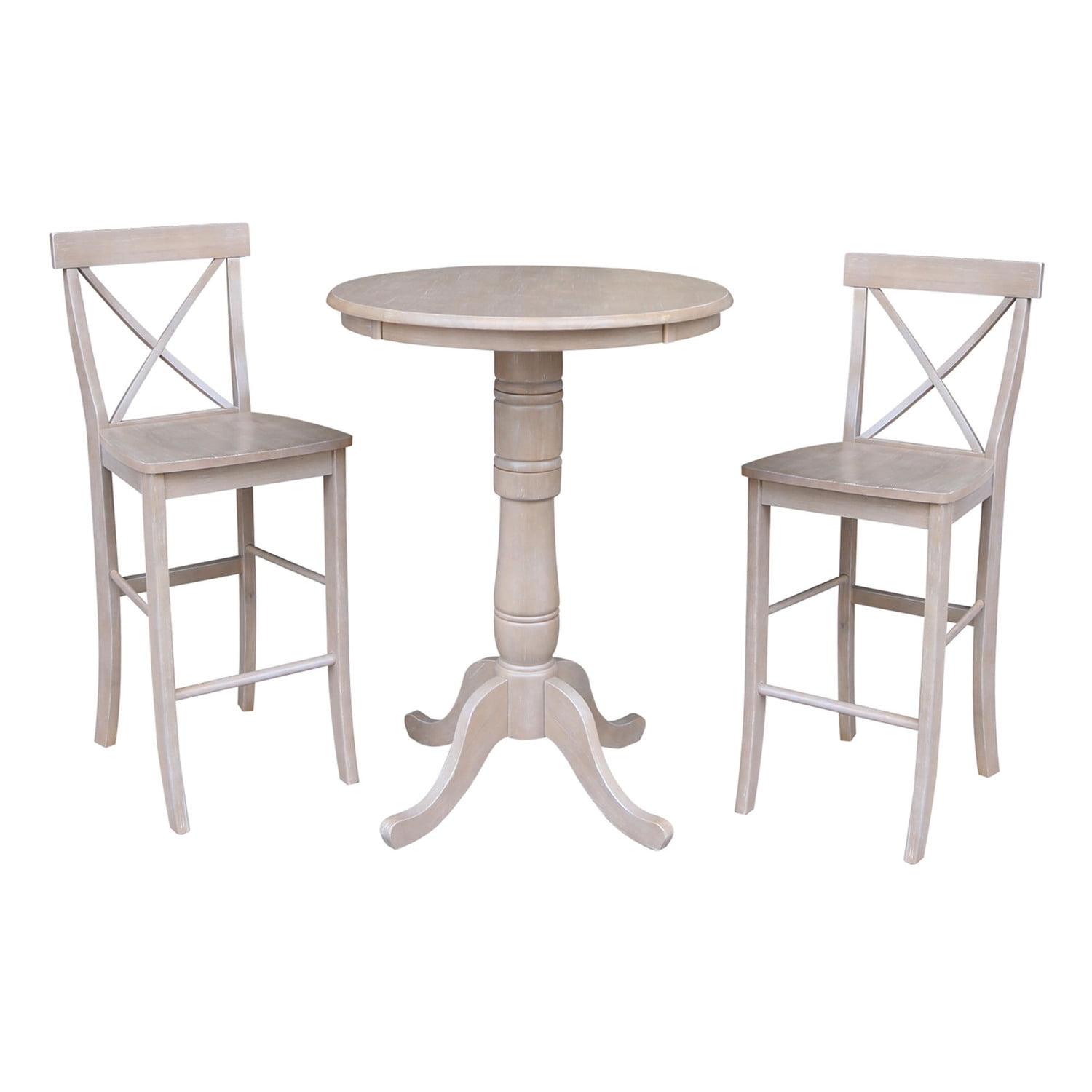 Washed Gray Taupe Wood Pedestal Bar Table Set with X-Back Stools