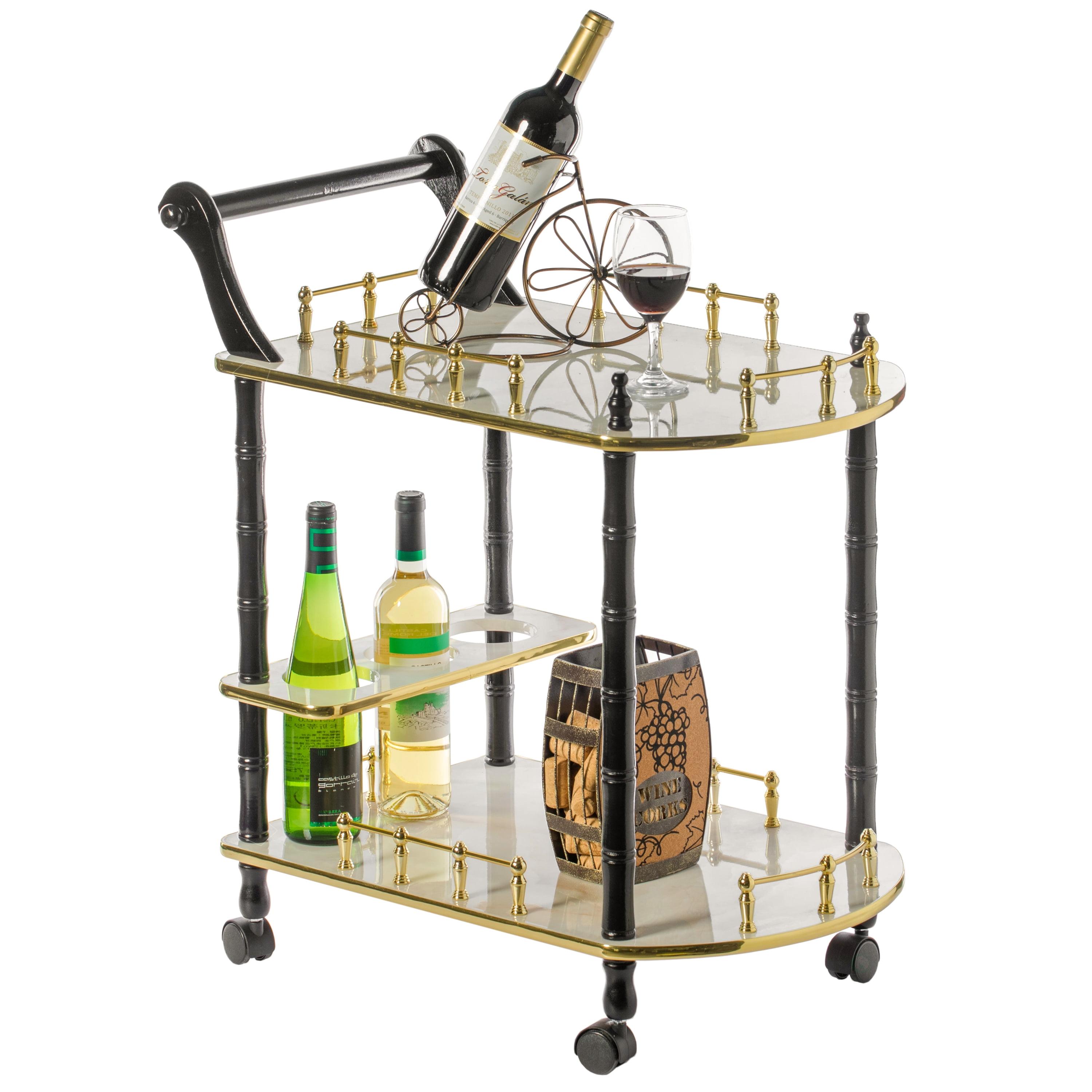 Wood Serving Bar Cart Tea Trolley with 2 Tier Shelves and Rolling Wheels