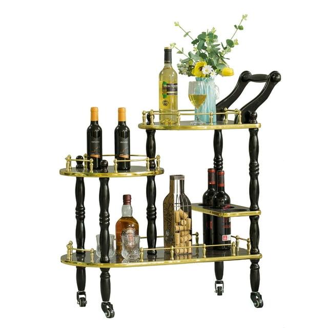 Fabulaxe Wood Serving Bar Cart Tea Trolley with 3 Tier Shelves and Rolling Wheels, Silver, White and Gray