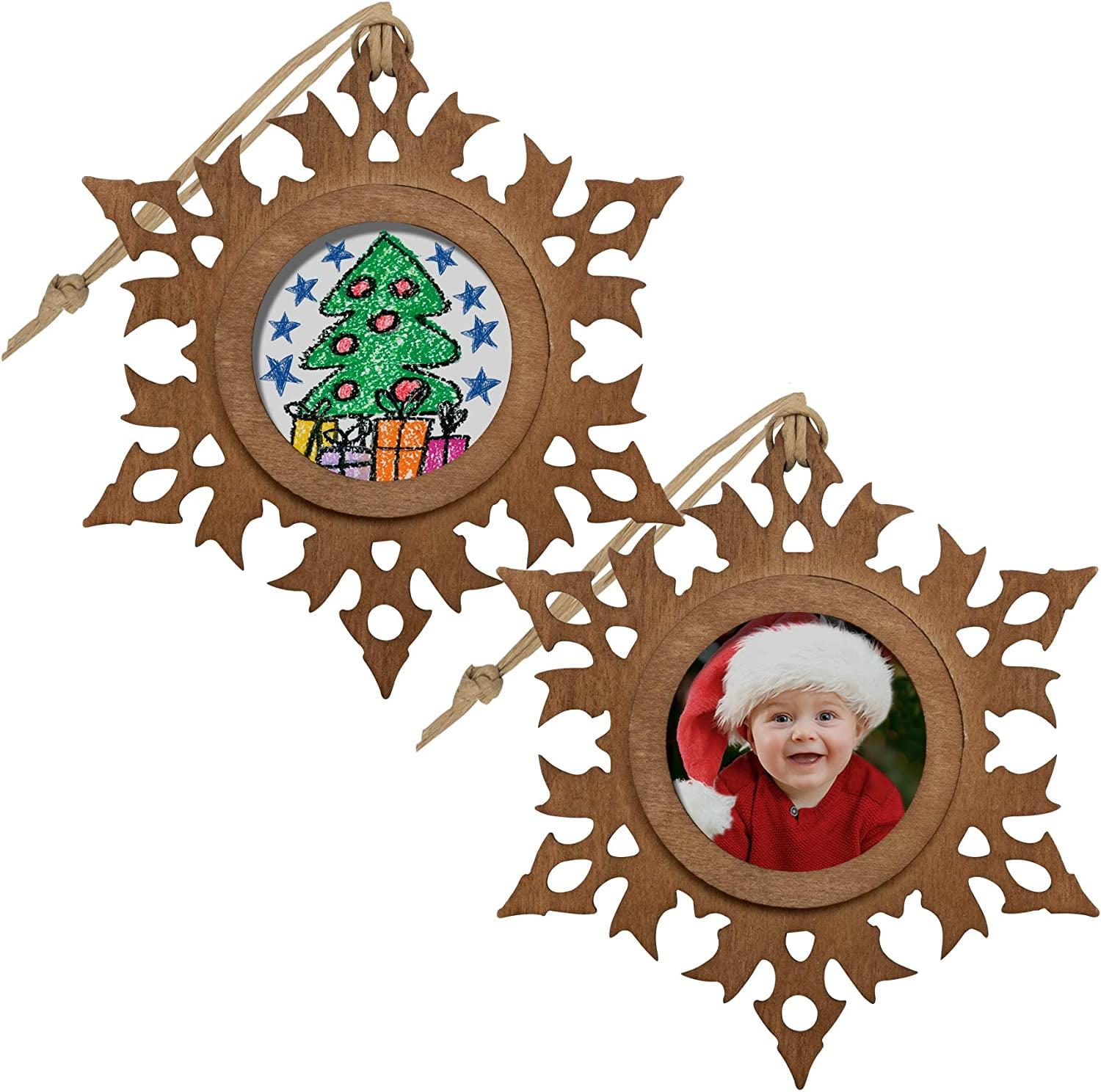 Dark Wood Snowflake Photo Ornaments with Raffia String - Set of 10