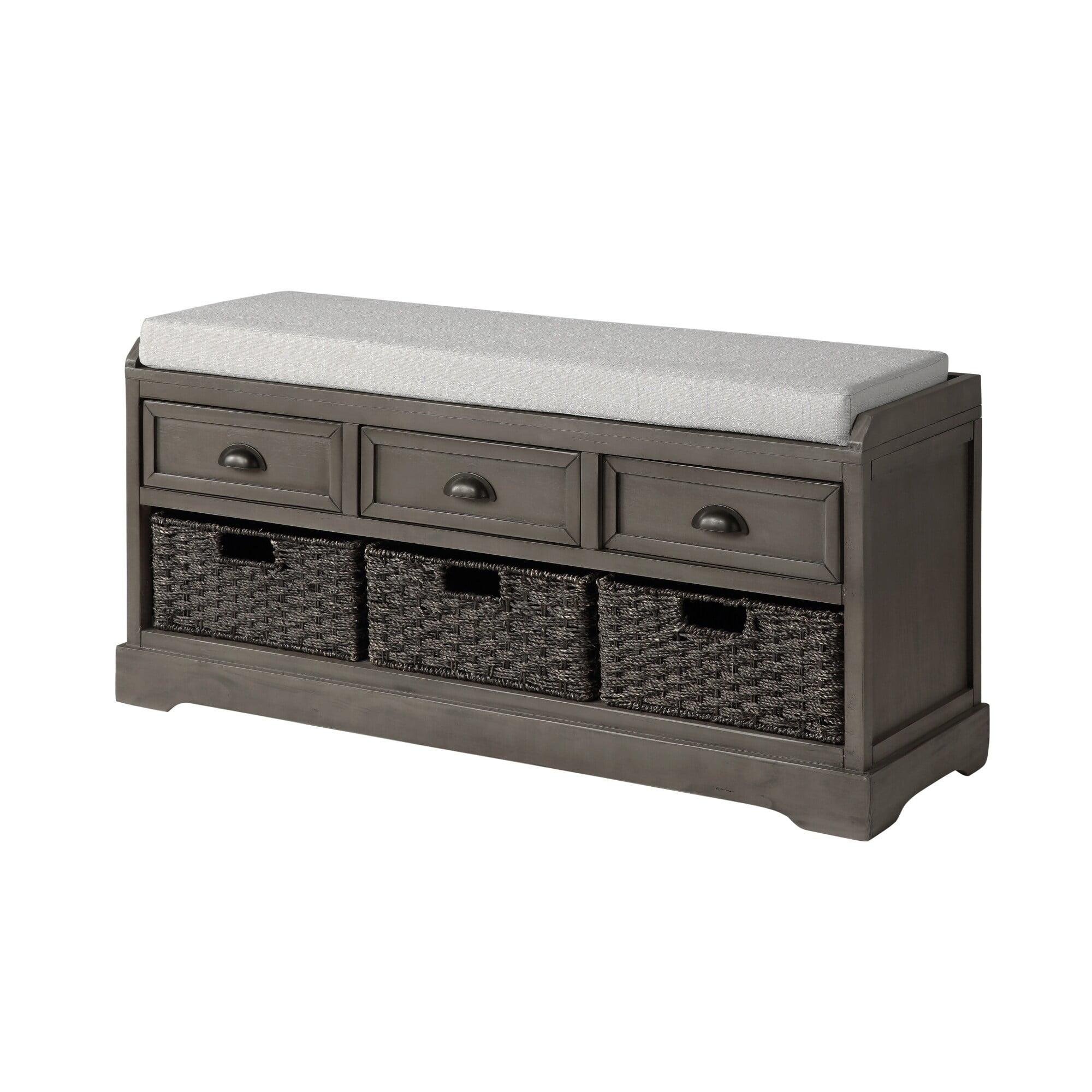 Gray Wood Storage Bench with Drawers and Baskets