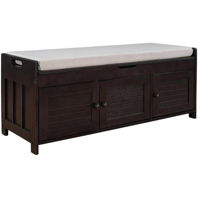 Wood Storage Bench with Removable Cushion and 3 Shutter-Shaped Doors (Espresso)