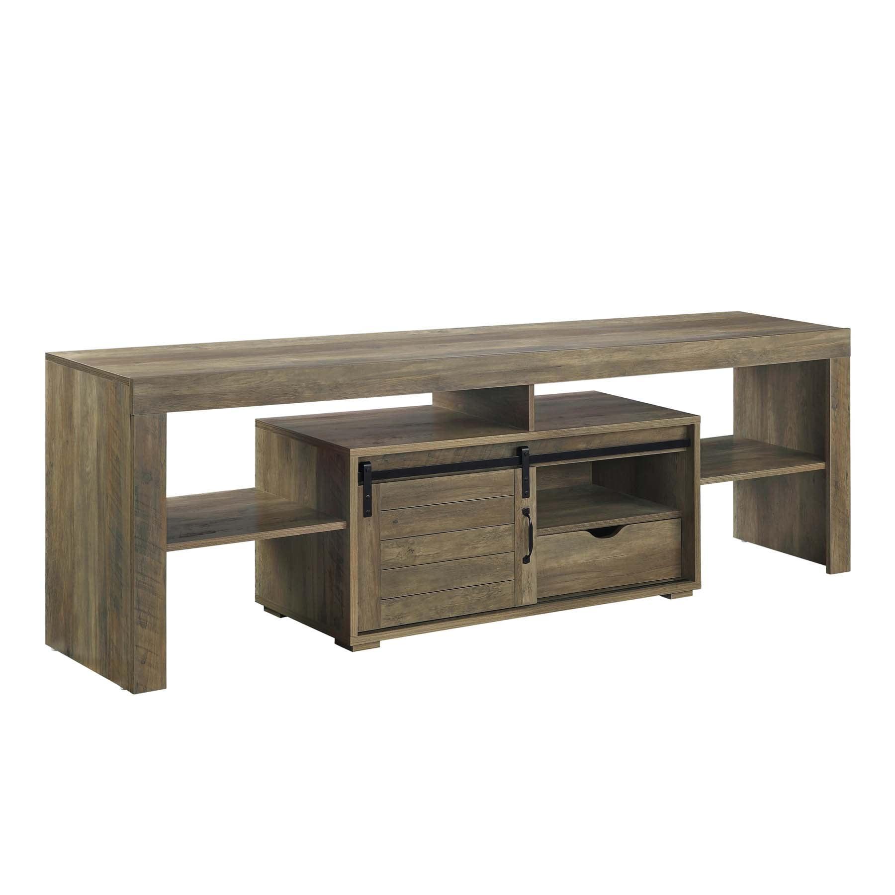 79" Wasim Tv Stand and Console Rustic Oak Finish - Acme Furniture: Sliding Barn Doors, Storage Shelves