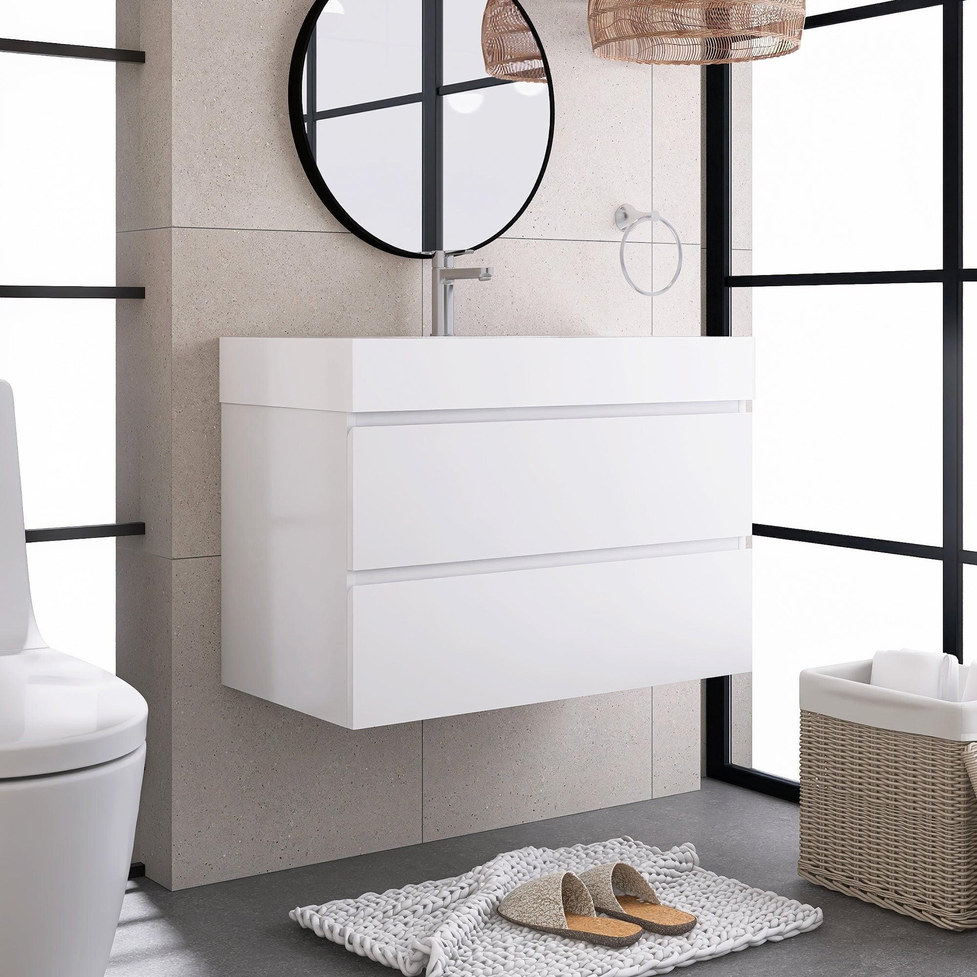 White MDF Wall-Mounted Bathroom Vanity with Resin Sink, 36"