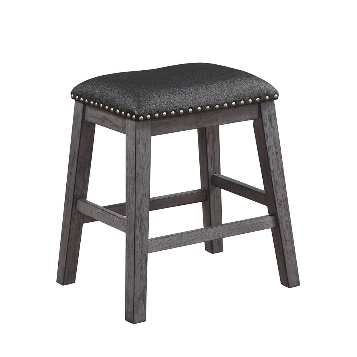 Transitional Gray Leather Wood Counter Stools with Nailhead Trim (Set of 2)