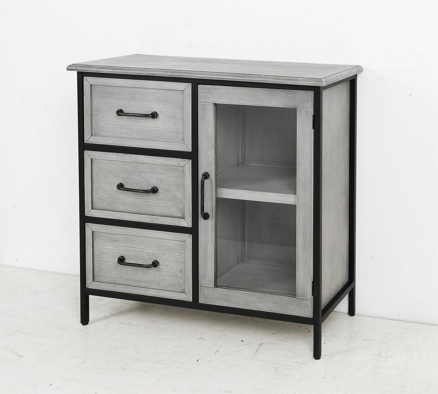 Gray and Black Wood and Metal Cabinet with One Door and Three Drawers