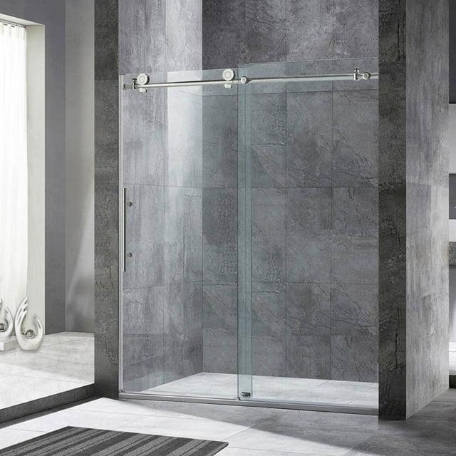 WoodBridge 56"-60" W x 76" H Single Sliding Frameless Shower Door | 3/8" (10mm) Thickened Upgrade Tempered Glass | Stainless Steel Hardware | Safe, Explosion-Resistant, Clear & Stylish, Sturdy & Durable MBSDC6076-C