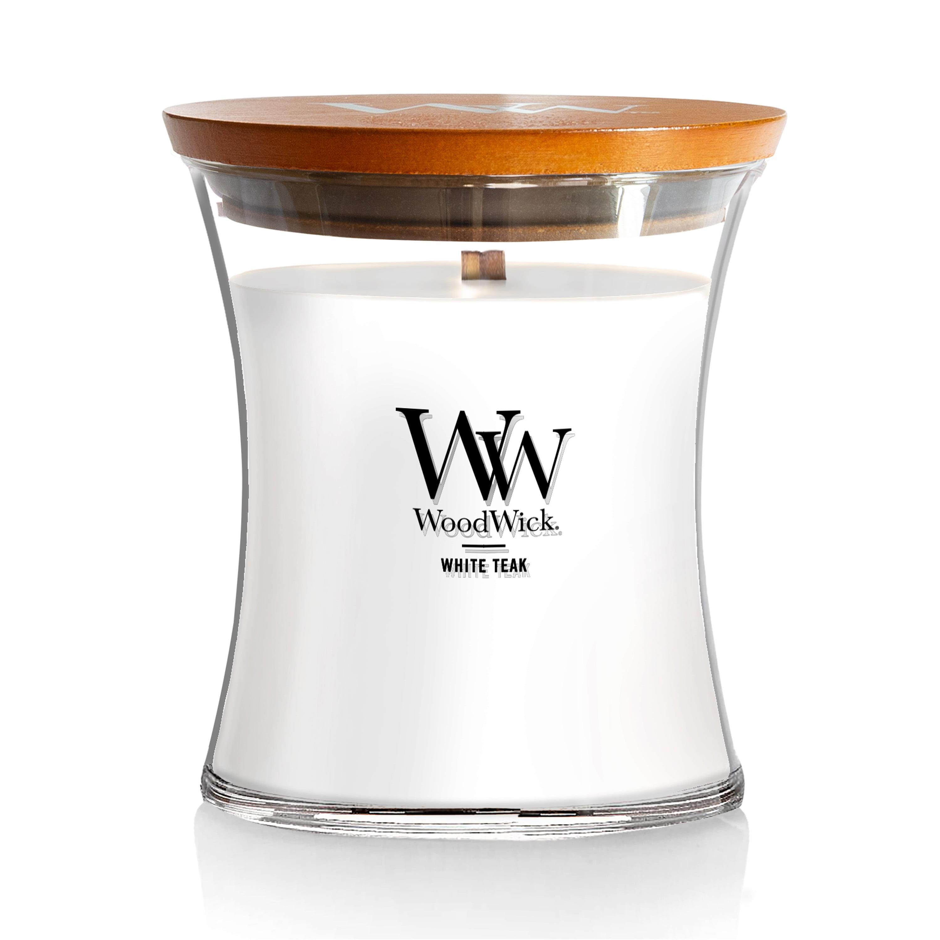 White Teak Medium Hourglass Soy Blend Candle with Wood Wick