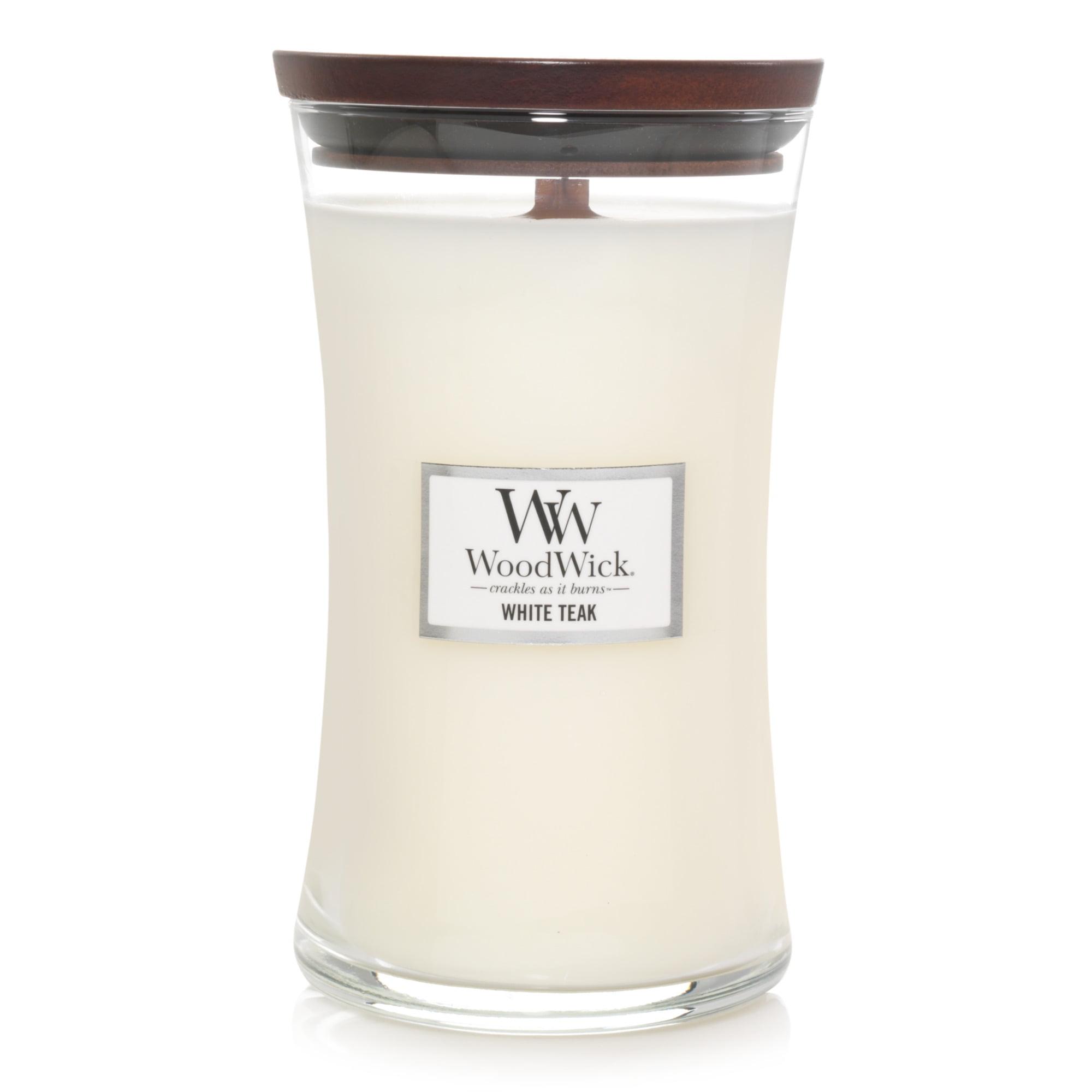 21.5oz Large Hourglass Jar Candle White Teak - WoodWick: Soy & Paraffin Blend, Crackling Wick, 120hr Burn Time