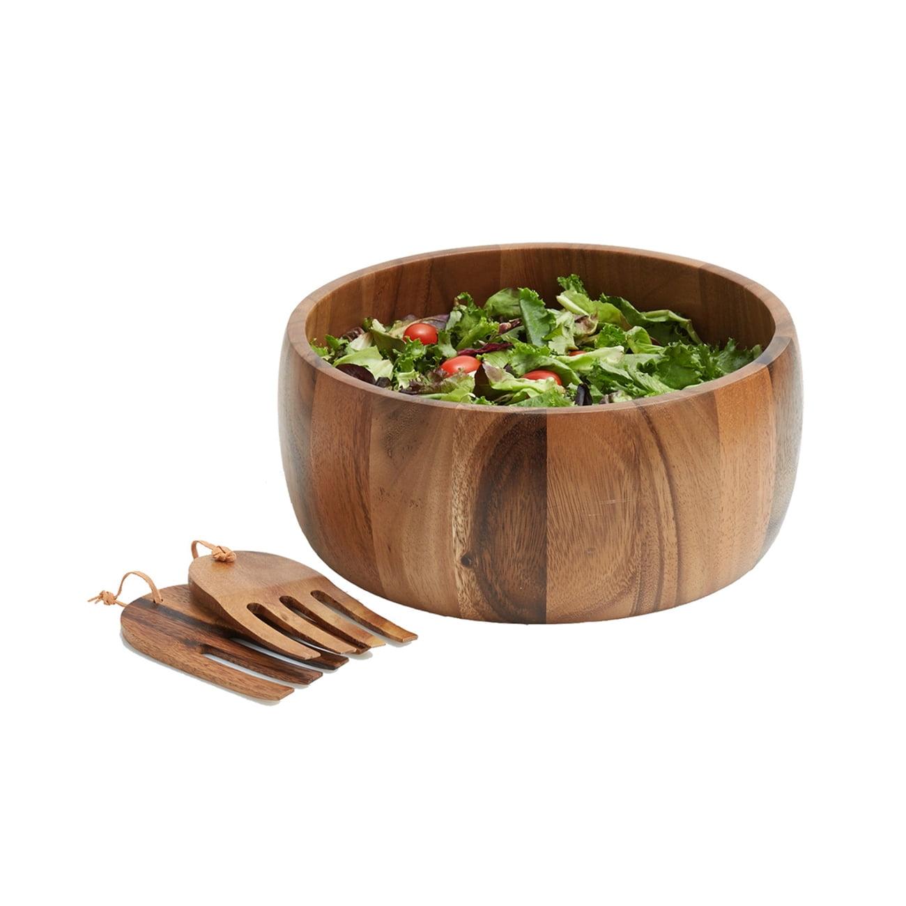 Acacia Wood 10" Salad Serving Bowl with Salad Hands