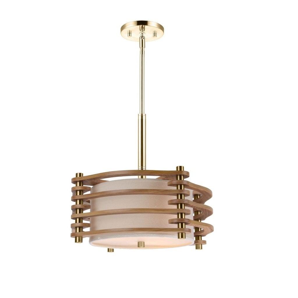 Woodbridge Lighting Steps 3-Light Wood & Fabric Pendant in Brushed Brass/Ash