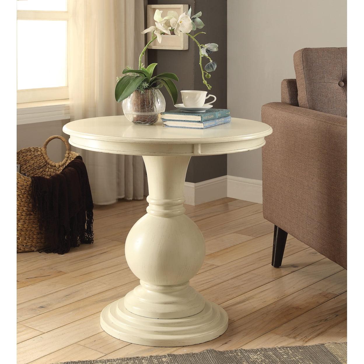 Elegant Antique White Round Pedestal End Table with Mirrored Glass Storage