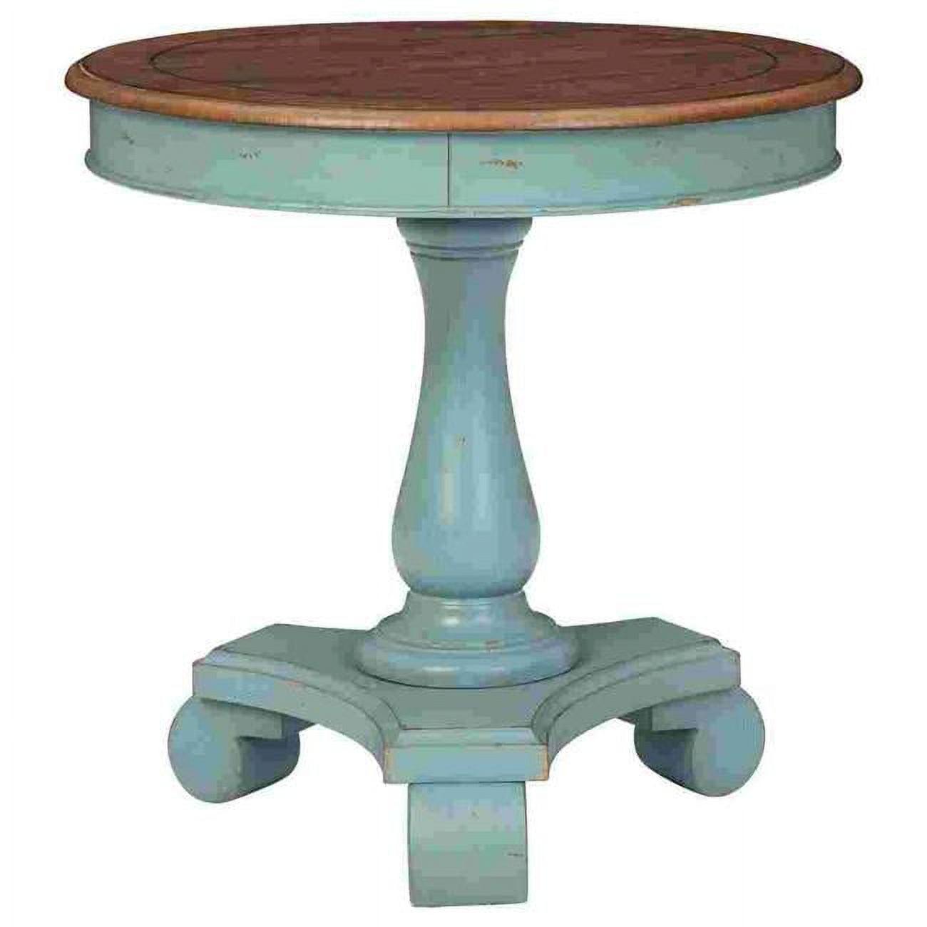 Teal Blue and Brown Round Wooden Accent Table with Metal Pedestal