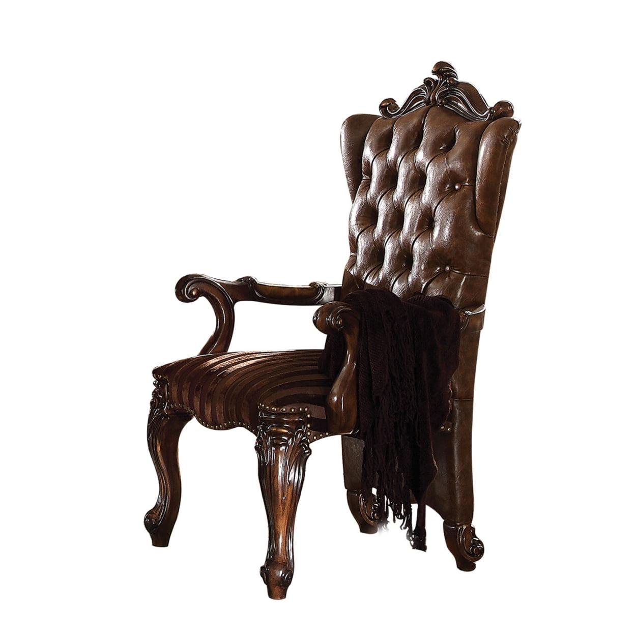 Elegant Brown Faux Leather Button-Tufted Armchair with Carved Details