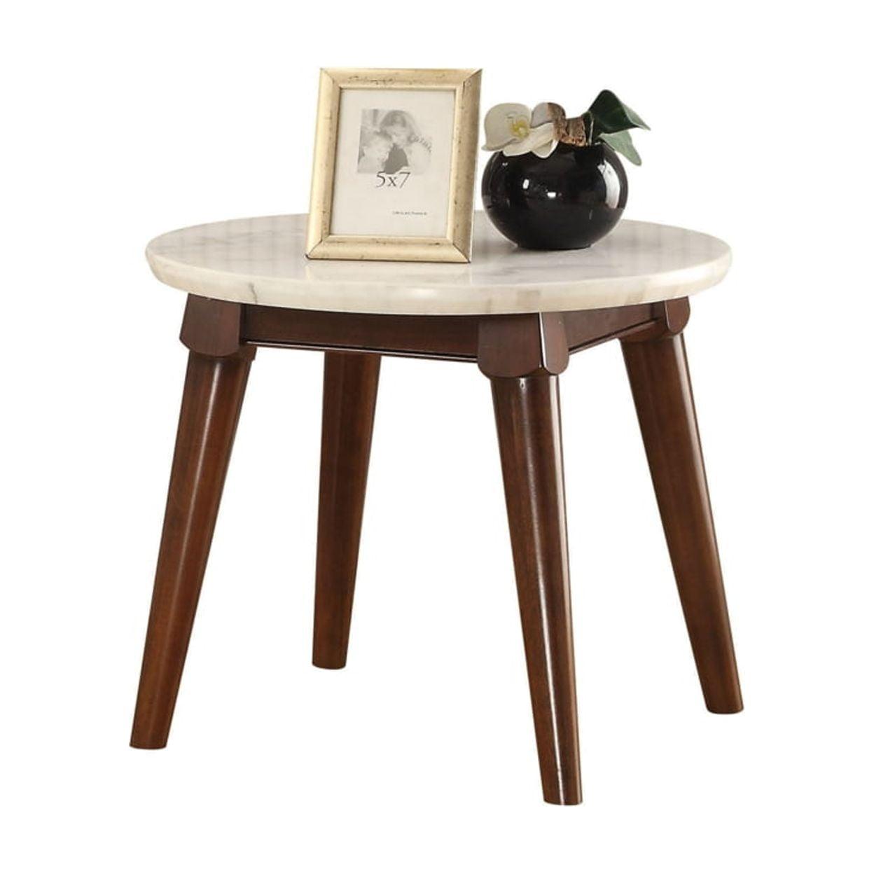 24'' Round White Marble and Walnut Wood End Table