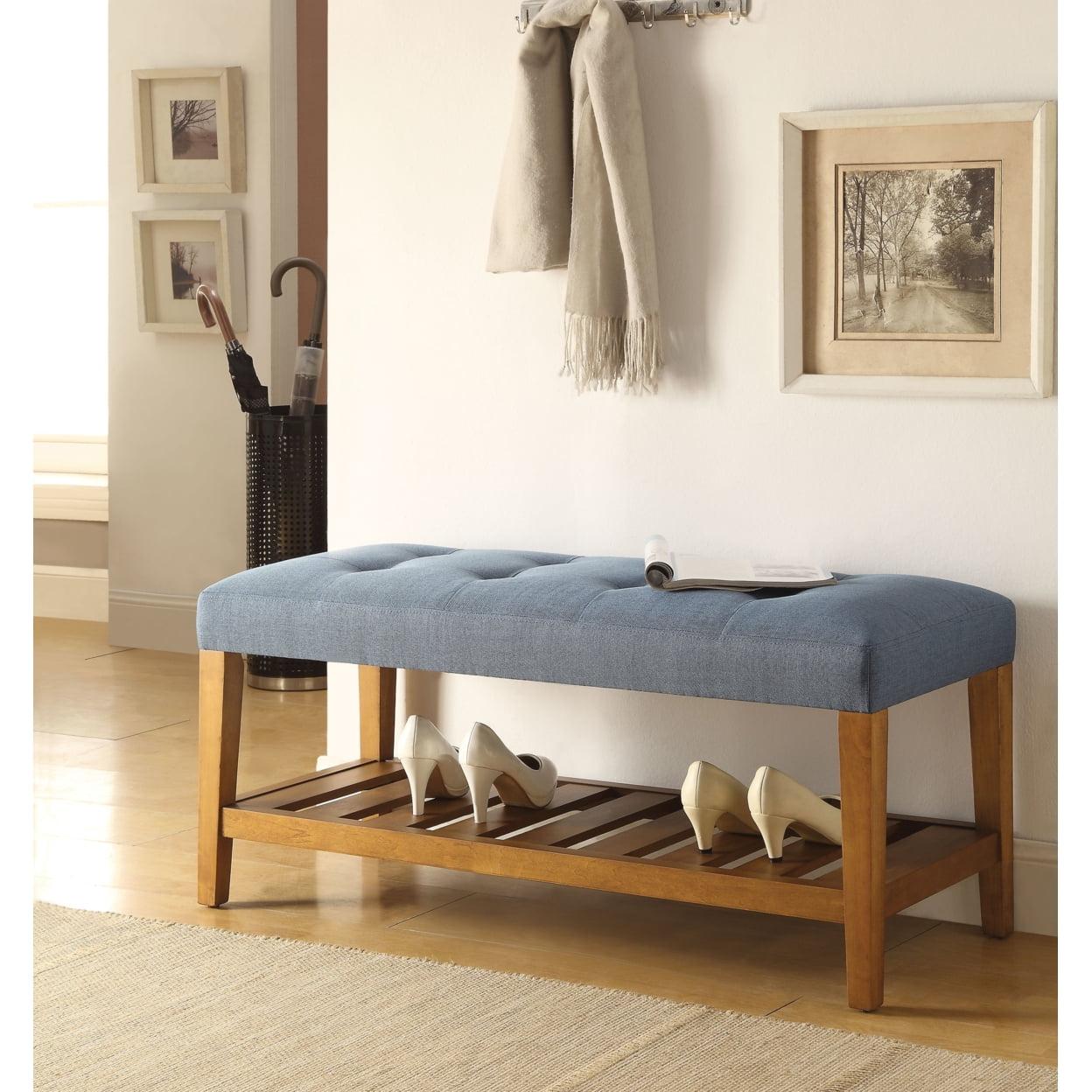 Blue Tufted Upholstered Bench with Oak Storage Shelf