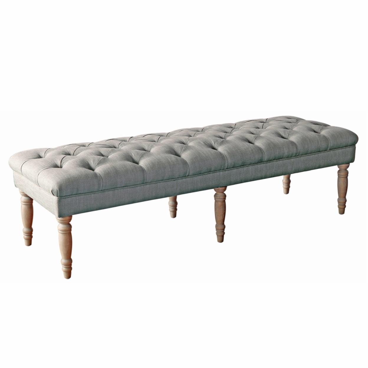 Layla 65'' Gray Tufted Fabric Bench with Turned Wood Legs