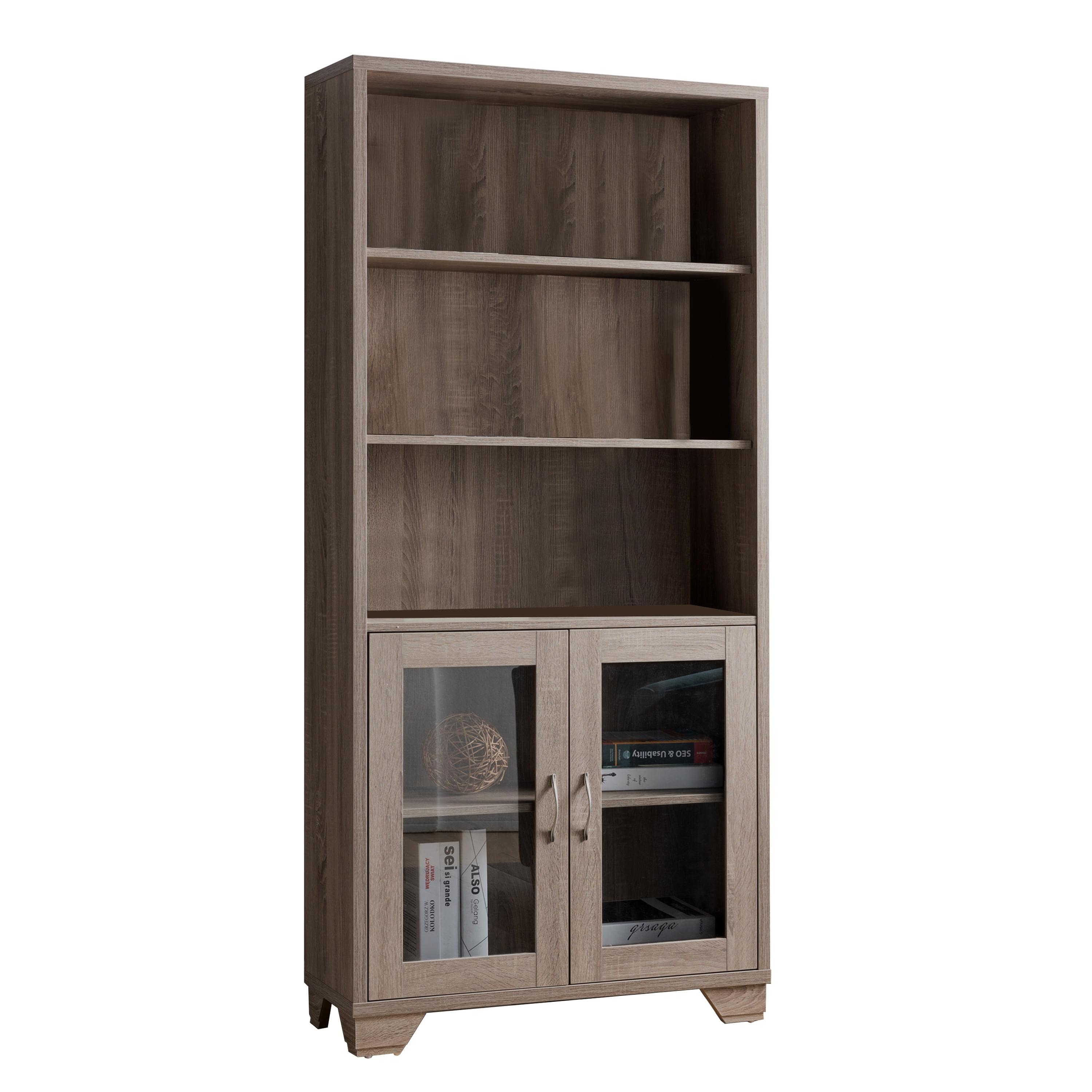 Tall Taupe Brown Wood Book Cabinet with Glass Doors