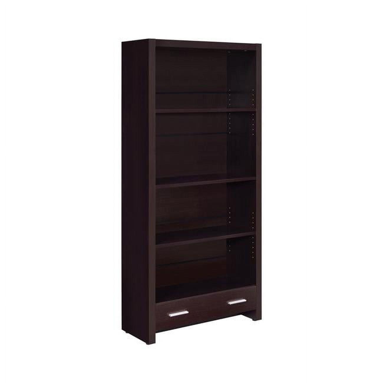 Transitional Solid Wood Bookcase with Shelves and Drawer in Dark Brown