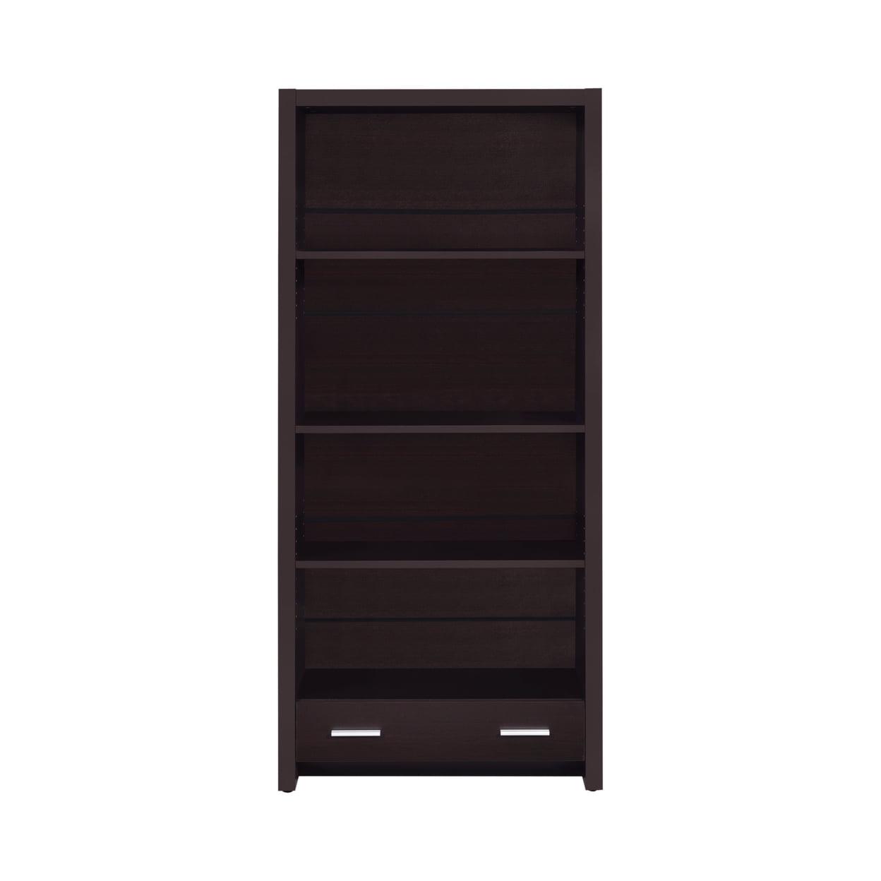 Transitional Solid Wood Bookcase with Shelves and Drawer in Dark Brown