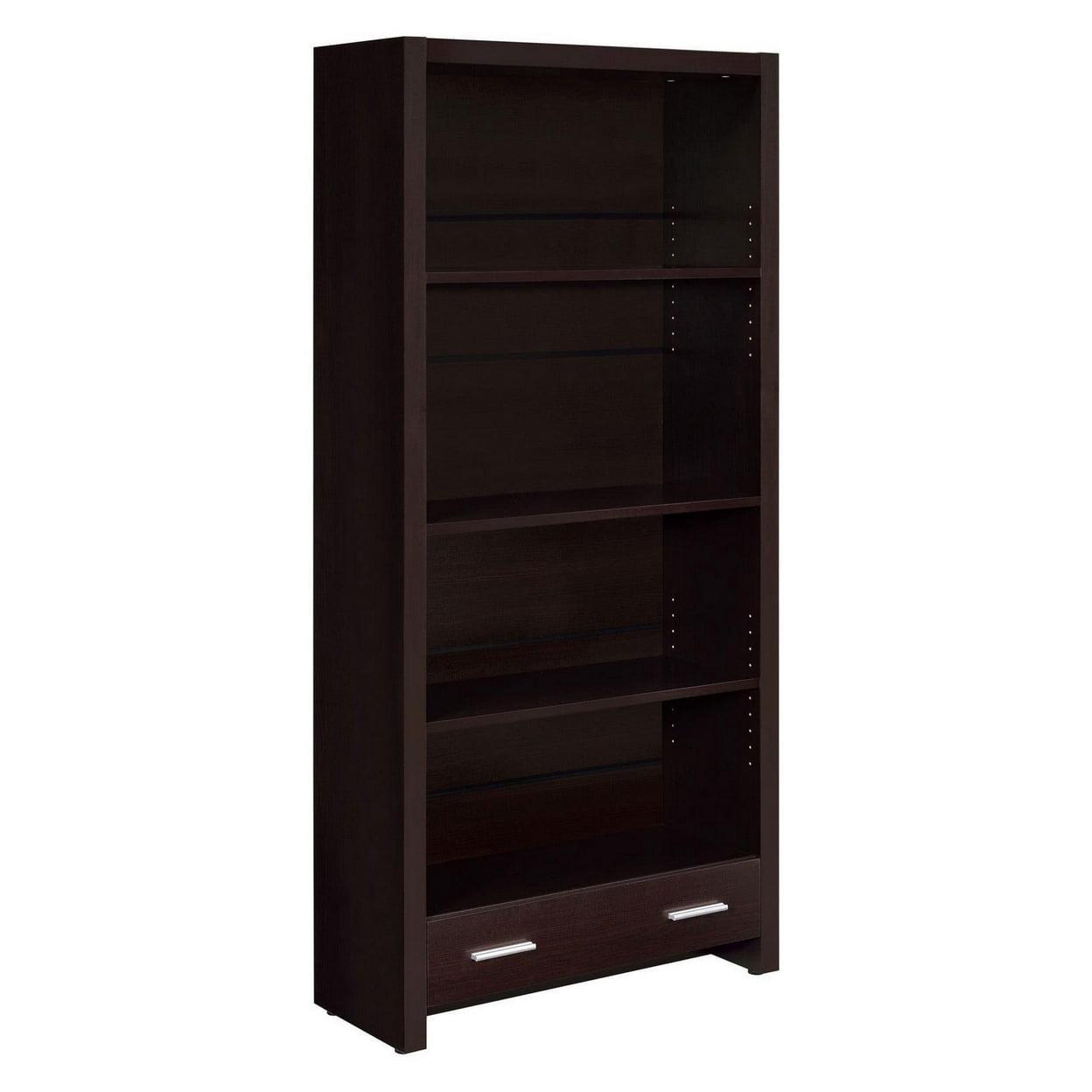 Transitional Solid Wood Bookcase with Shelves and Drawer in Dark Brown