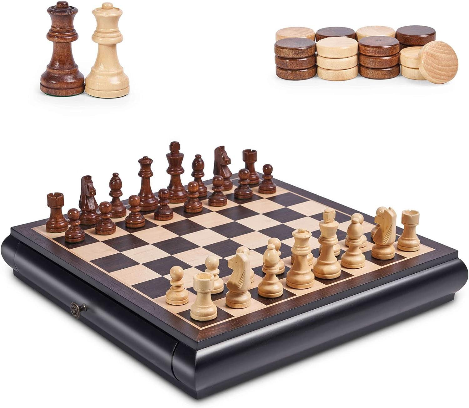 15.5" Black and Natural Wood Chess and Checkers Set with Storage Drawers